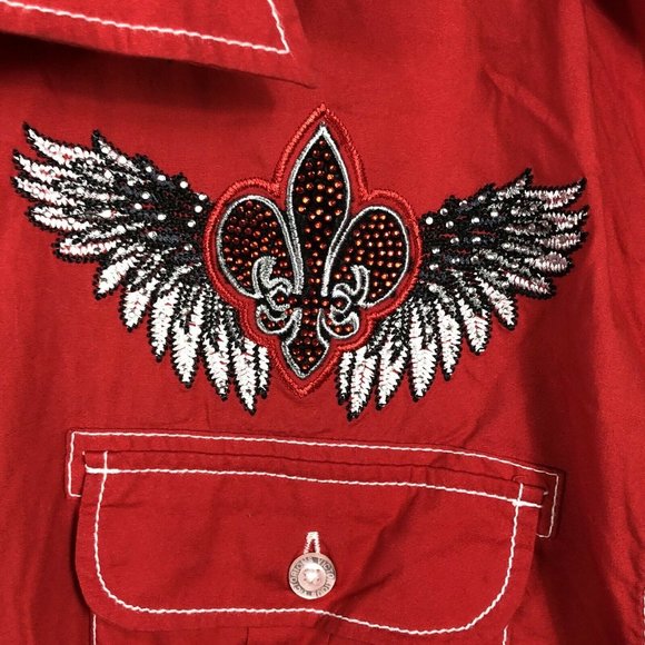 Victorious Men's Size 2XL Red Long Sleeve Embellished Wings Button Shirt Fleur - Picture 11 of 11